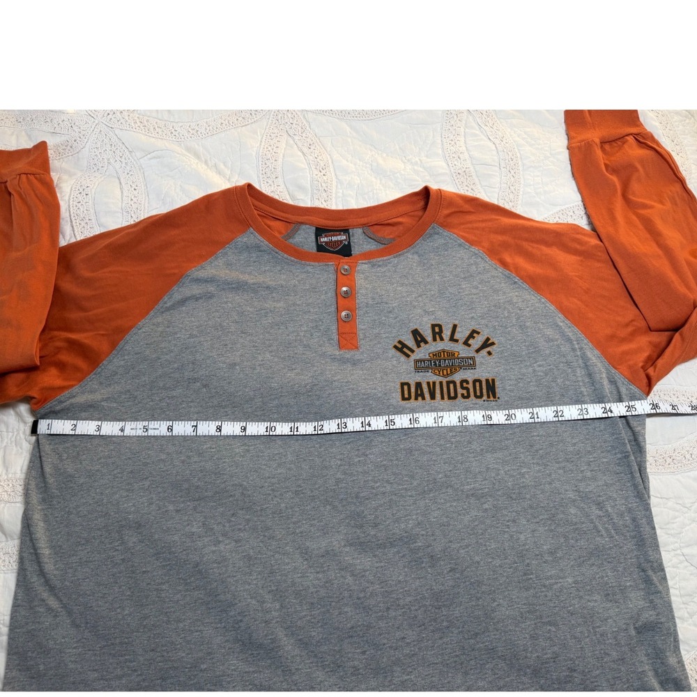 Harley Davidson 2XL Henley Shirt Mens Grey Orange Flaming‎ Gorge Raglan - Picture 3 of 8